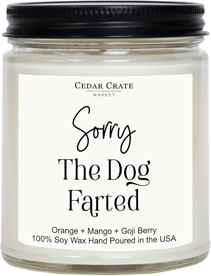 CEDAR CRATE MARKET - Gifts for Dog Lovers | Dad Gifts | Pet Sitter Gift | Funny Candle for Men Women | Sorry The Dog Farted Candle | Orange Patchouli Scented | Made in The USA