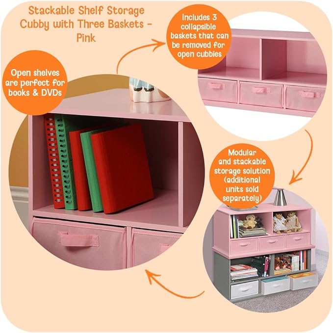 Badger Basket Stackable Toy Storage Organizer - 5-Shelf Modular Unit with 3 Removable Fabric Bins, Solid Panel Construction, Expandable Design for Toys and Crafts - Pink
