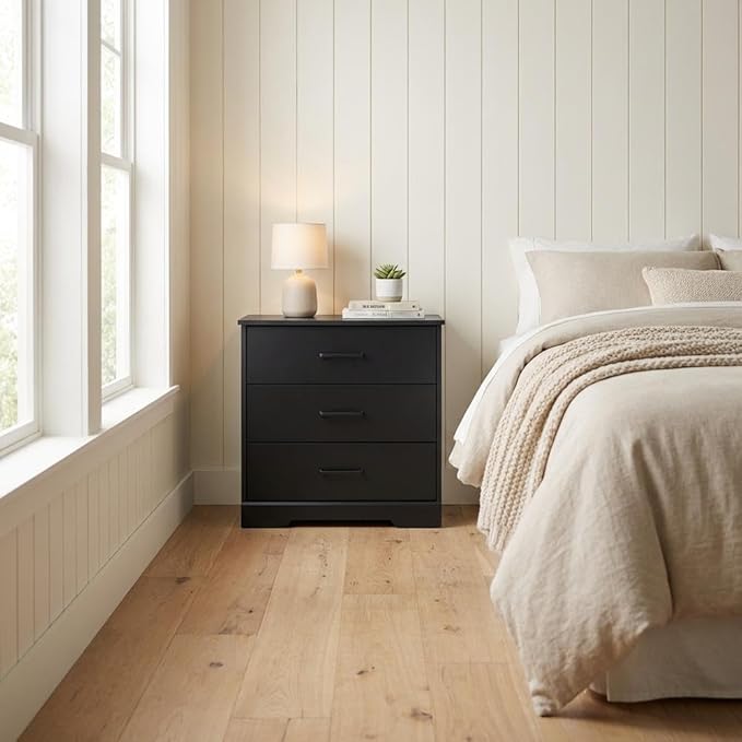 Furnifact Black Nightstand Bedside Table with 3 Drawers, Laminate Finish, Rectangular Shape, Farmhouse Style, Durable Construction for Bedroom Addition
