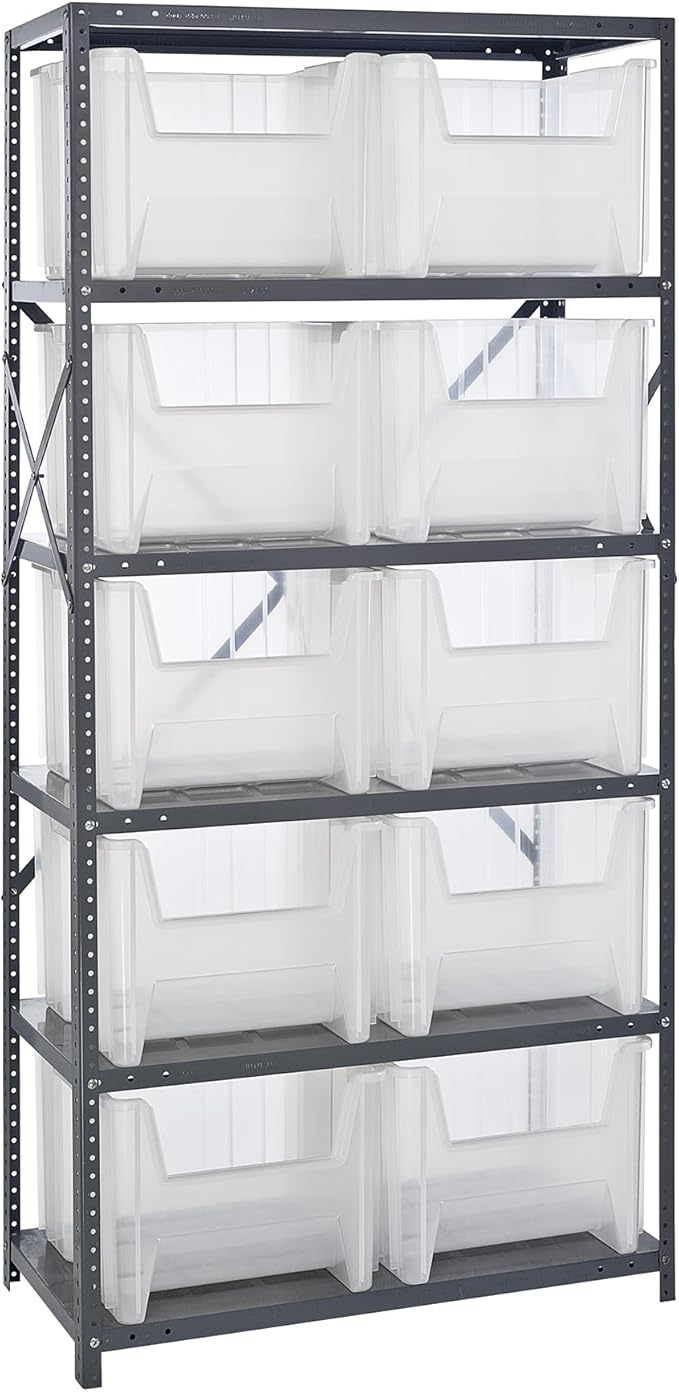 Quantum Storage Systems QSBU-800CL Clear-View Giant Stack 6-Shelf Steel Shelving Unit, 18" x 36" x 75" with 10 QGH800CL Bins, Clear