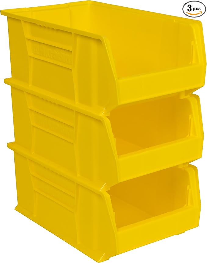 Akro-Mils 30281 Super-Size AkroBins Plastic Storage Bins, Space-Saving Stackable Bins for Garage, Classroom, Warehouse Organization, 20" L x 12" W x 8" H, Yellow, 3-Pack