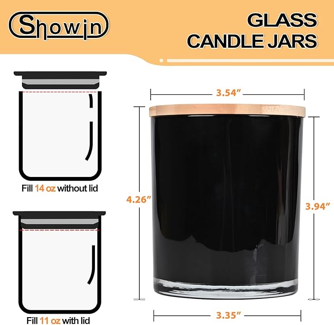 SHOWIN Thick Candle Jars for Making Candles 12 Pcs, 14 OZ Empty Jars with Wood Lids for Candle Making, Sample Container, Inner Black
