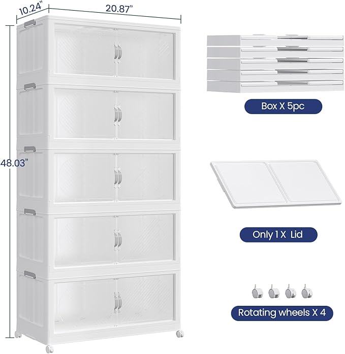 75GAL Plastic Storage Bins with Lid, 300QT Extra Large Stackable Closet Organizers and Storage, Collapsible Storage Boxes with Wheels, Folding Cabinet for Home Kitchen Office, 5Pack White