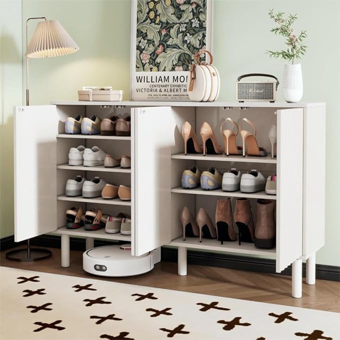 Minimalist Shoe Storage Cabinet with 5 Solid Wood Legs Cream Style Fluted Doors 4-Door Storage Organizer Adjustable Shelves for Living Room