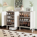 Minimalist Shoe Storage Cabinet with 5 Solid Wood Legs Cream Style Fluted Doors 4-Door Storage Organizer Adjustable Shelves for Living Room