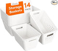 Lifewit Plastic Storage Basket for Organizing, 14 Pack Stackable Open Containers, Multi Size Storage Bins for Shelving, Pantry, Office and Cabinet, 10 Large and 4 Small Size, White
