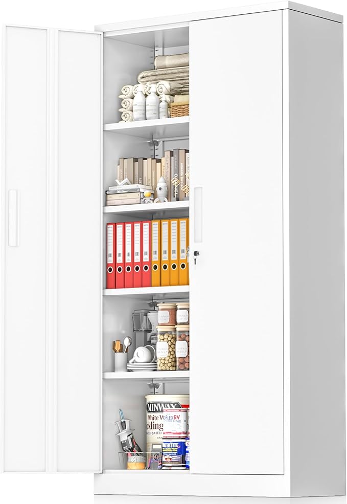 Greenvelly White Metal Storage Cabinet, 72" Steel Locking Cabinet with Doors and 4 Adjustable Shelves, Tall Tool Cabinets Lockable File Cabinet for Home Office, Metal Classroom Cabinet for Garage