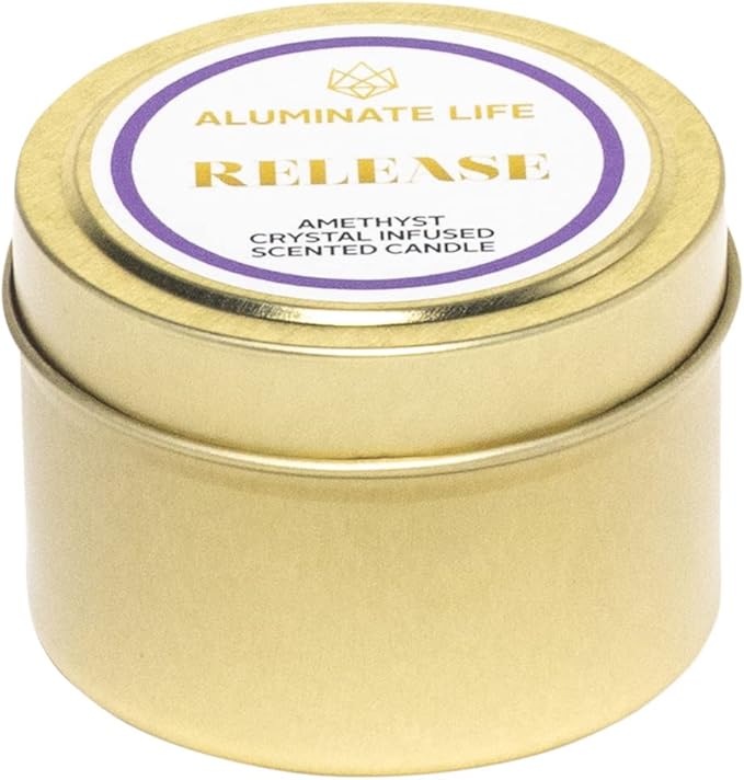 Luxury Candle Tin, 4 OZ, Release, Amethyst Crystal Infused - Scents of Lavender, Bergamot, & Frankincense - Valentine's Day Gift - Coconut Wax, Essential Oils, Dr. Developed