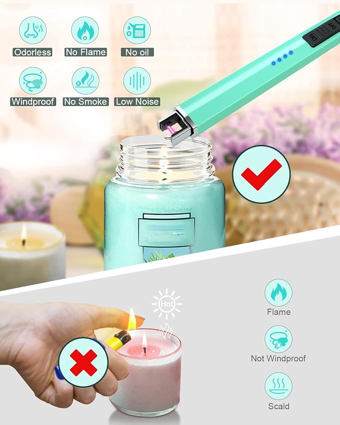 Rechargeable Lighter Electric Candle Lighters Arc Plasma Flameless Windproof USB Lighter Multi-Safety Protection Teal Blue