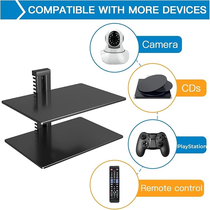 PERLESMITH Floating AV Shelf Double Wall Mount TV Shelf - Holds up to 17.6lbs - DVD DVR Component - Perfect for Xbox, Projector, WiFi Router, Game Console and Cable Box, PSDSK2