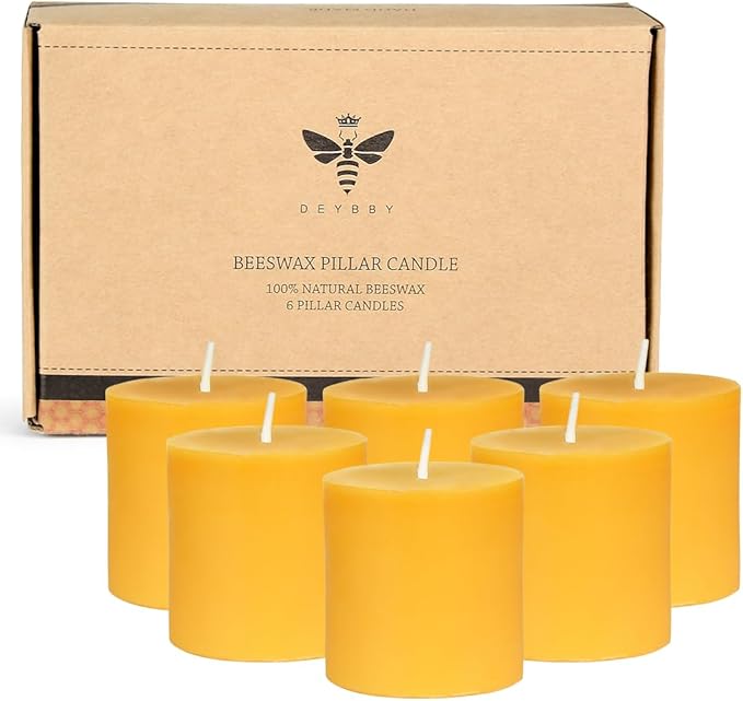 DEYBBY Natural Beeswax Pillar Candle -2x2 inch Smokeless Dripless Candles Set of 6 -Small Yellow Pure Beeswax Candles with Natural Scent for Family Church Prayer Home Decor, Each 13 Hours Burning