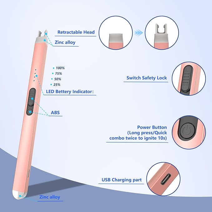 Electric Candle Lighter, Rechageable Arc Lighters for Camping, Long Lighter with Safety Switch & LED Battery Display, Windproof & Flameless lighters for BBQ, Grill (Rose Gold)