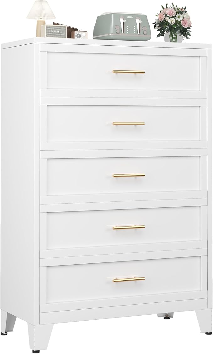 Ckzbx Metal Dresser Tall White Dresser for Bedroom Chest,53.54" H White Drawer Chest, Closet Dressers & Chests of Drawers for Living Room, Hallway (5 Drawers)