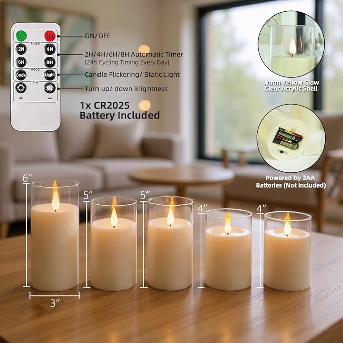 NICEME Pure White Flickering Flameless Candles, Battery Operated Acrylic LED Pillar Candles with Remote Control and Timer, Set of 5