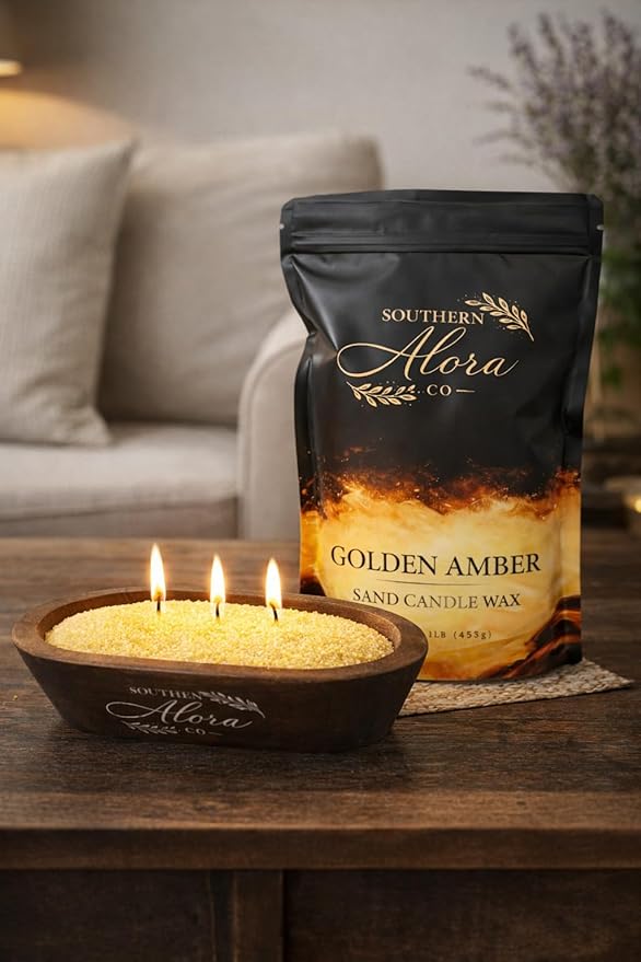 Candle Sand with 10 Wicks – 1 LB Refillable Sand Candle Wax for DIY Candles, Wedding Centerpieces, Home Decor – Golden Amber