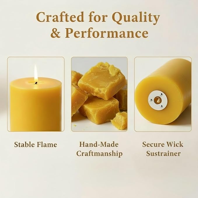 Natural Beeswax Pillar Candles 2 Packs, Non Toxic Beeswax Candles 70 Hours Long Burning, Organic Emergency Bees Wax Candles for Home, Paryer, Parties, Unscented Dripless Smokeless Candles, 2x4in