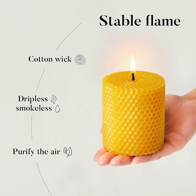 Beeswax Pillar Candles, 3x3 Inch -Set of 3 Hand-Rolled Honeycomb Candle - Long Burning 50+ Hours, Dripless Smokeless Unscented Handmade Beeswax for Home Decor, Prayer, Wedding,SPA