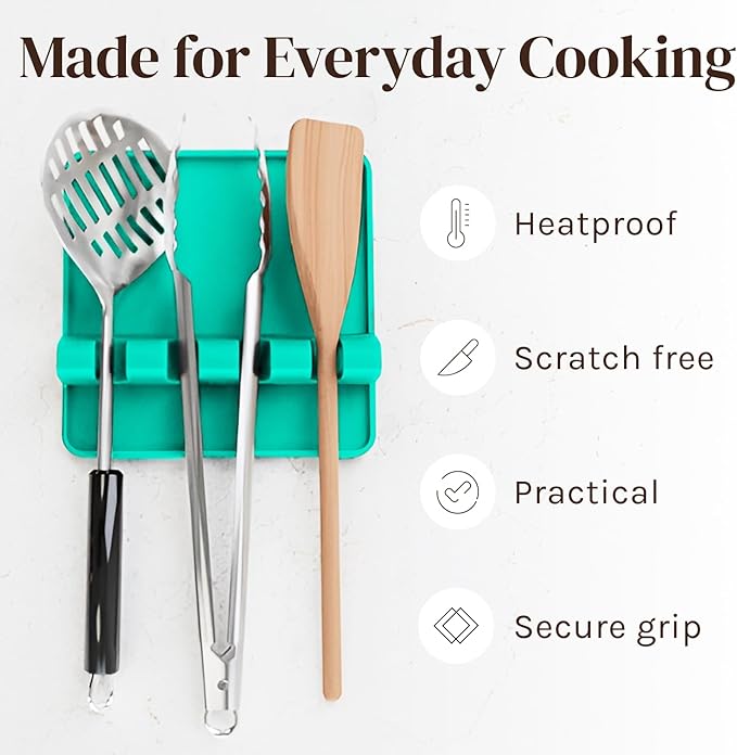 Cooler Kitchen Aqua Green Silicone Spoon Rest for Stove Top with Drip Pad (Two Pack) - Heat-Resistant, BPA-Free Utensil Rest & Spoon Holder for Kitchen Counter - Grill Utensil Holder for Spatulas