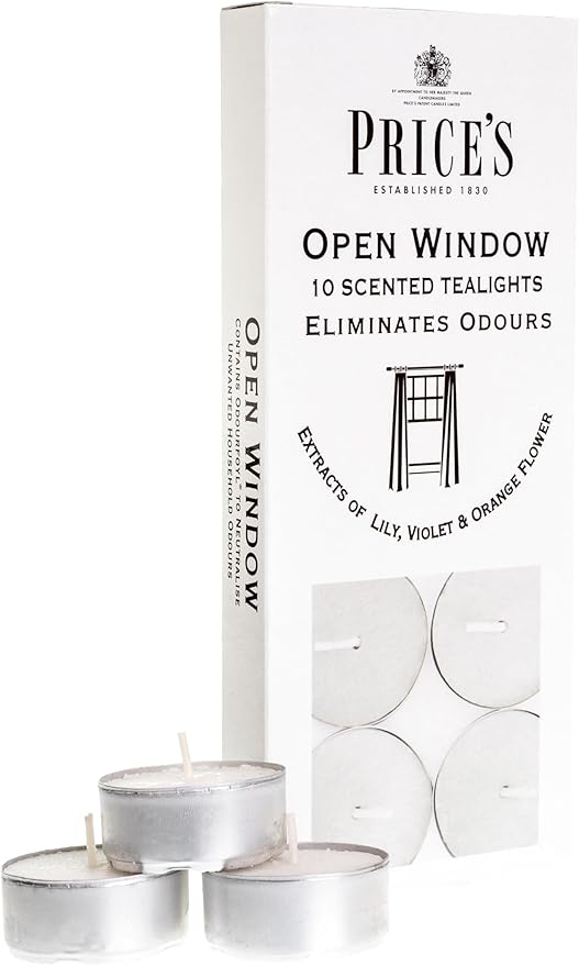 Price's - Open Window Tealights - Pack of 10 - Odour Eliminating Tealights - Made with Lily, Violet and Orange Flower Extracts - Clean, Fresh, Quality Fragrance - Long Lasting Scent
