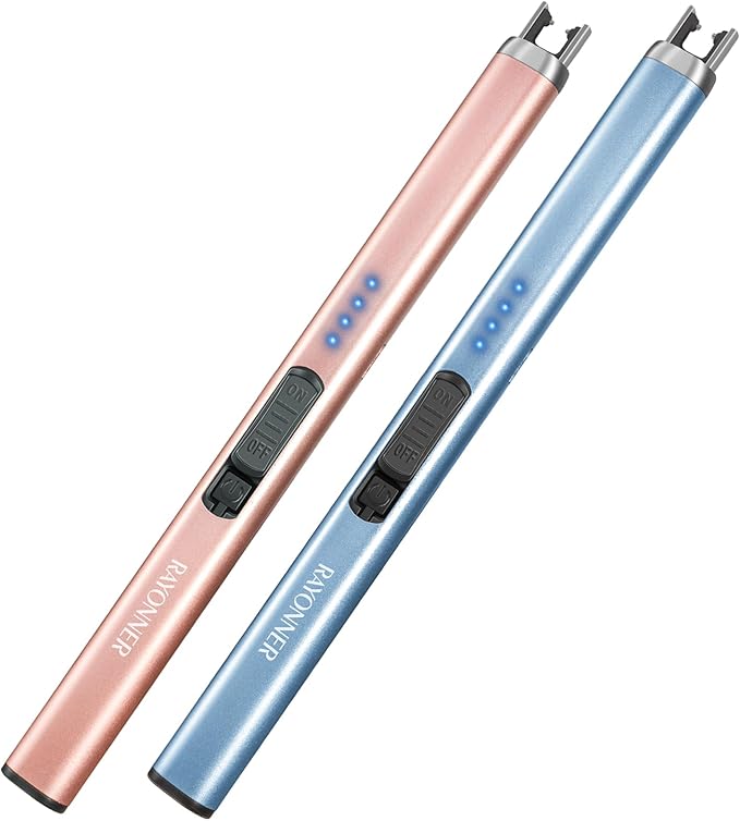 RAYONNER Rechargeable Electric Candle Lighter Windproof Plasma Arc Lighter for Deep Jars BBQ Camping Flameless Fire Starter Christmas Stocking Stuffers Gift (2 Pack - Blue&Rose Gold)