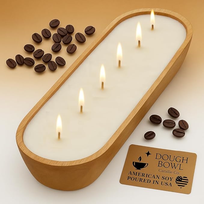 Dough Bowl Candle Co. Vanilla Latte Soy Candle - 6 Wick Rustic Farmhouse Decor Odor Eliminator in Wooden Bowls, 32 Oz Wooden Dough Bowl Candle, All-Natural Gifts for Women or Men, Coffee Table Decor