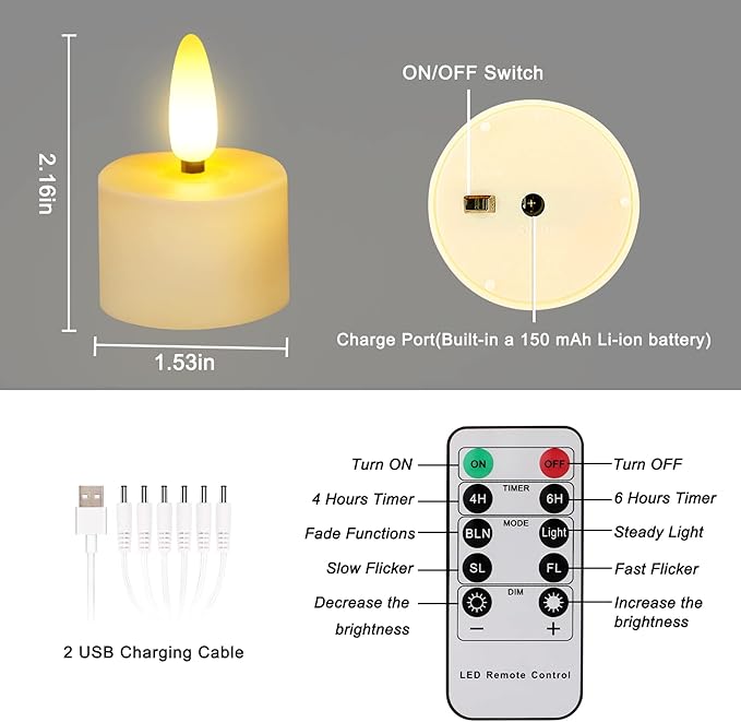 Daord USB Rechargeable 3D Wicks Tealights Candle Flameless Flickering Battery Operated with Remote Control & Timer Realistic Led Tea Lights for Halloween Christmas Home Decor (12 PCS,Rechargeable)