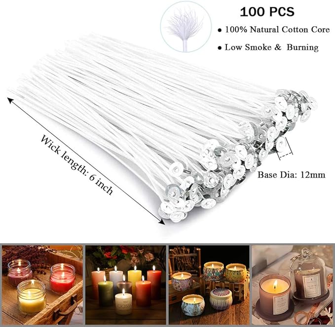 Bulk 6-Inch Candle Wicks - 100 Pcs with Wick Stickers & Centering Device for Soy/Beeswax Candle Making