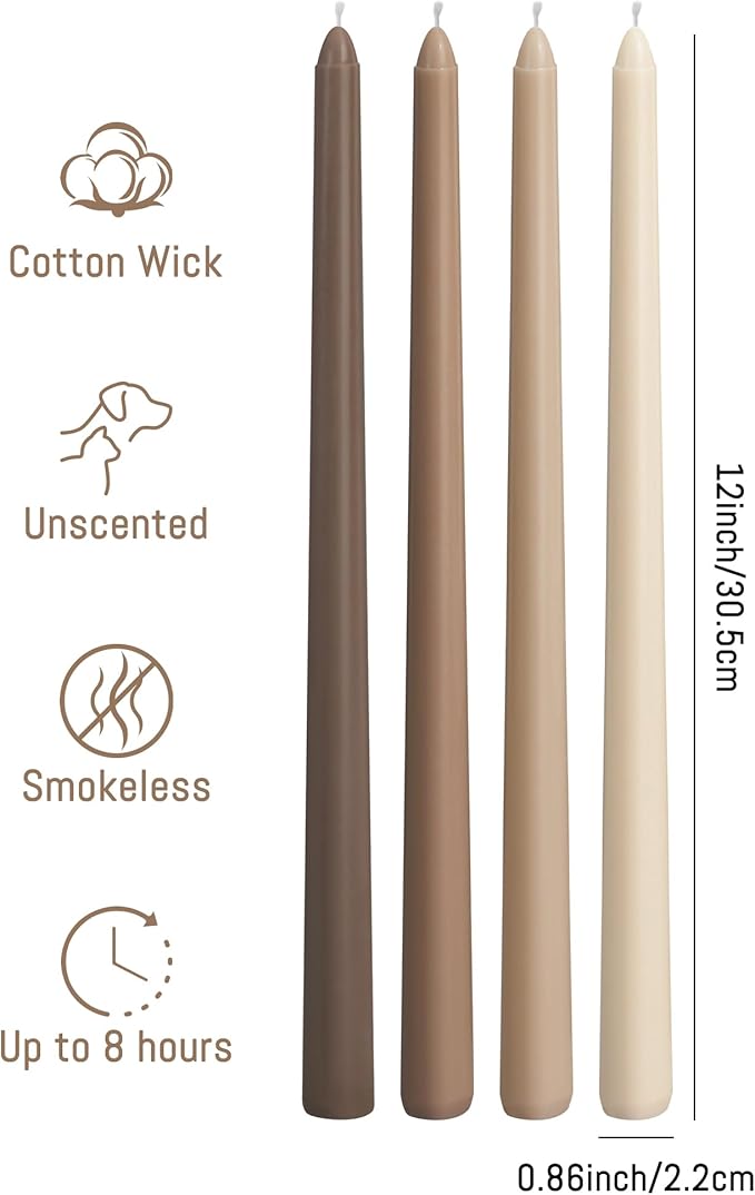 Viyffo Taper Candles, 12 Inch, 12 Pack, Brown – Unscented, Smokeless Design, Up to 8-Hour Burn – Tall Candlesticks for Table Decor, Weddings & Dinners