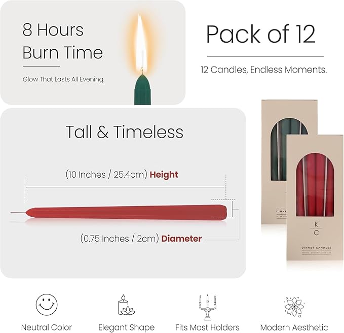 Tapered Dinner Candles - Soy & Paraffin Blend, Dinner Candles with Long-Lasting 7-Hour Burn for Stylish Homes - Candle in Curated Colors Ideal Gift for Hosts, Brides & Event Planners-Red & Green