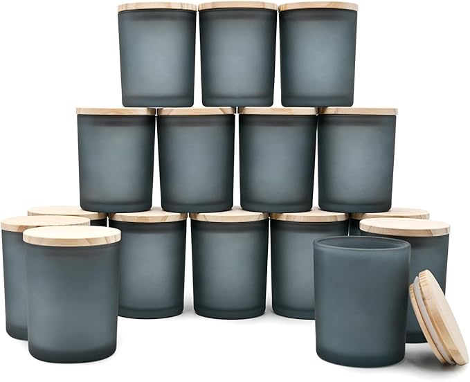 SHOWIN Thick Candle Jars for Making Candles 16 Pcs, 7 OZ Empty Jars with Wood Lids for Candle Making, Sample Container, Frosted Gray
