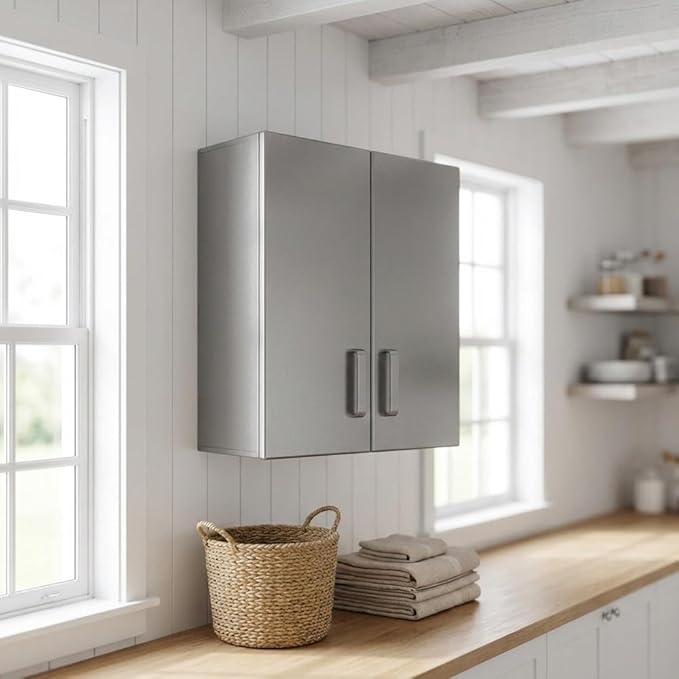 Furnifact Black Metal Two Door Overhead Cabinet with Silver Metallic Fronts, Heavy Duty Steel Wall Mount Storage for Garage Office Workshop