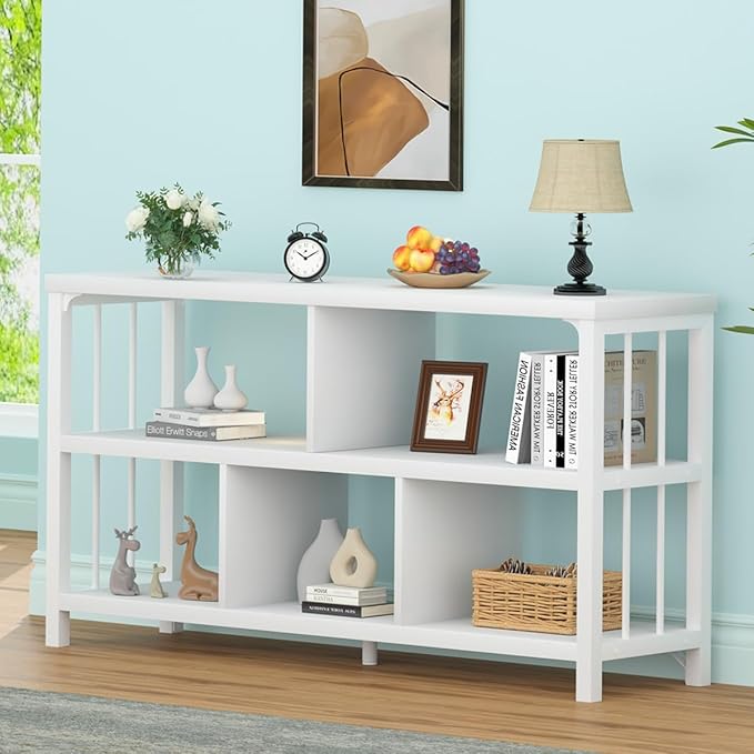 IBF White Wood Bookshelf, Industrial Horizontal Cubby Book Shelf, Low Open Shelf Bookcase for Office Living Room, Modern Short Wide 5 Cube Storage Organizer for Books Display Bedroom, White Oak, 47 In