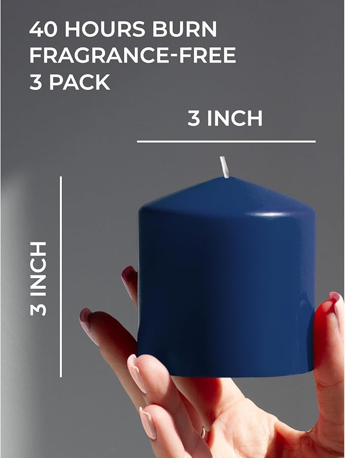 Candwax 3x3 Pillar Candles Set of 3 - Navy Blue Candles Pillar - 40-Hour Burn Time Self-Extinguishing Long Lasting Candles for Home Decor - Cone-Top Dark Blue Pillar Candles