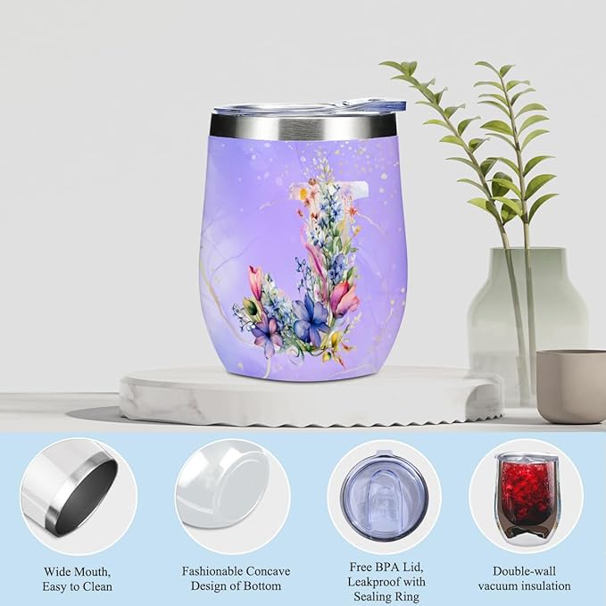 Personalized Gifts Monogrammed Birthday Gifts for Women, Maid of Honor Bachelorette Wedding Christmas Initial Wine Tumbler Makeup Bag Scented Candle Bracelet Set, (Aesthetic Purple Flower J)
