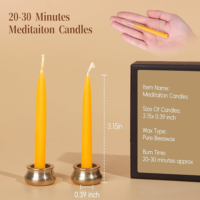 12 Packs Mini Beeswax Taper Candles, 20-30 Minute Meditation Candles with Brass Candle Holders, Dripless Mini Beeswax Prayer Candles Gift for Yoga Relaxation (12)