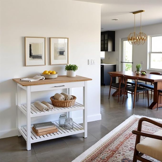 Solid Wood Kitchen Island with Drawer, 2 Open Shelves, White Base and Natural Top, Island Table for Kitchen Storage and Food Prep