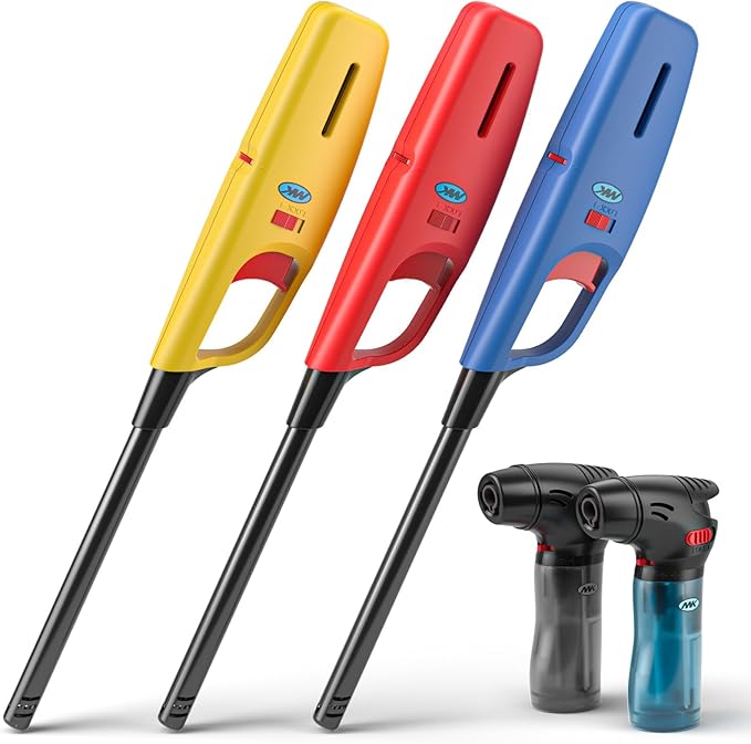 MK Lighter 5-Pack Multi-Purpose Butane Lighters – 3 Large Long Lighters Soft Flame Utility + 2 Mini Torch, Assorted Colors for Candles, Camping & Outdoor Use (Random Color Combo 5PC)