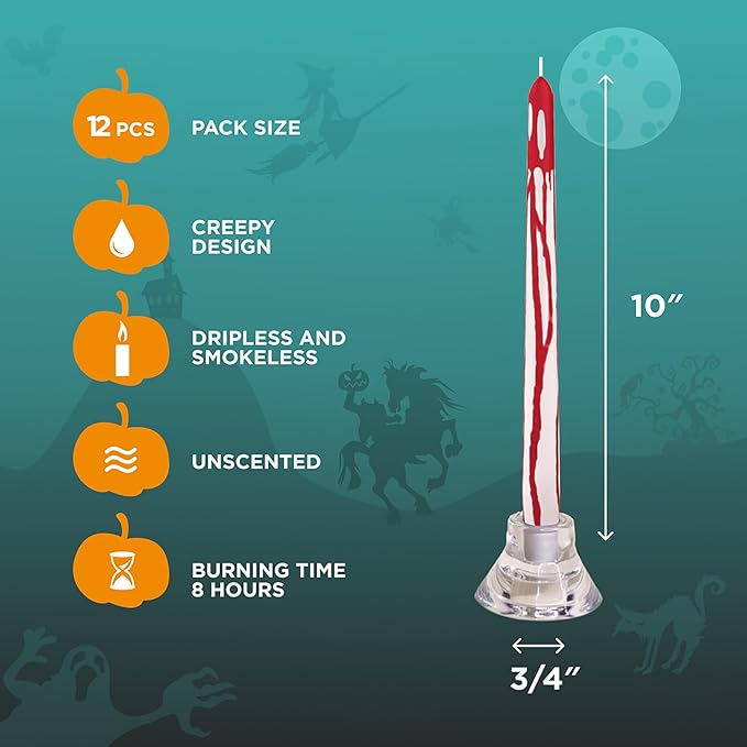 CANDWAX 10 inch Taper Candles Set of 12 - Dripless Candlesticks Burning for 8 Hours - No Drip Tapered Candles Ideal as Halloween Decor - Blood White