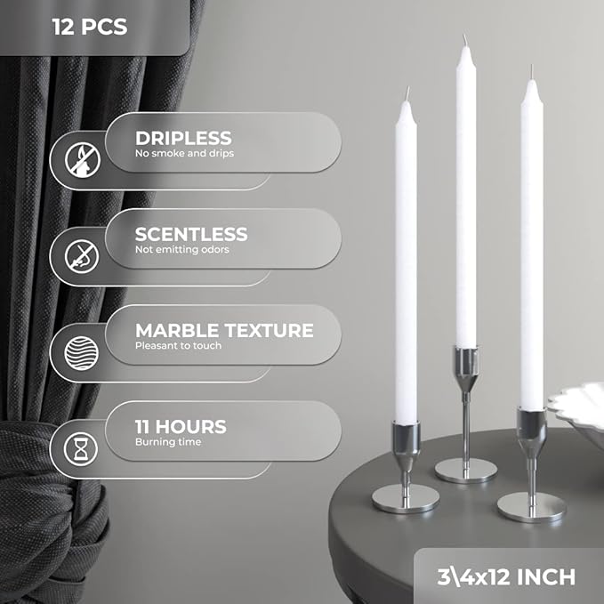 CANDWAX White Taper Candles Pack of 12 - Slow Burning Dripless Unscented Straight Candles 12 inch - Ideal for Dinner Table - Smokeless Long Candlesticks