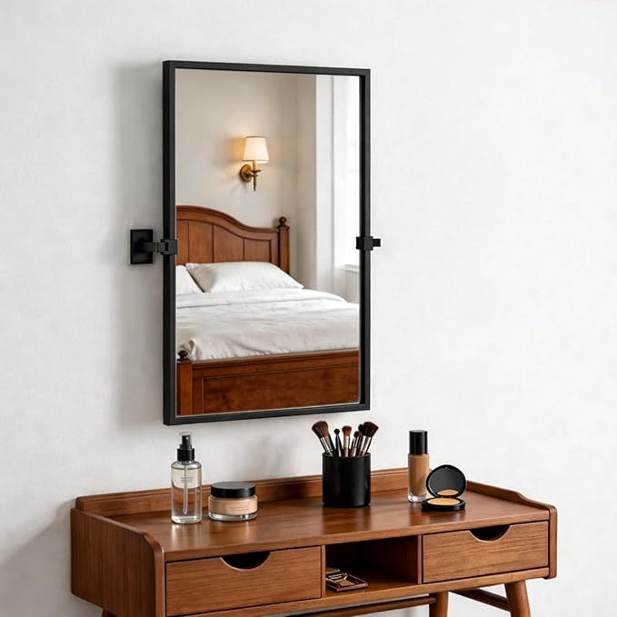 Rectangle Bathroom Mirror - 24x36 Inch Black Metal Framed Tilting Beveled Vanity Mirrors, Modern Pivot Mirror for Bedroom Bathroom Living Room Entrance
