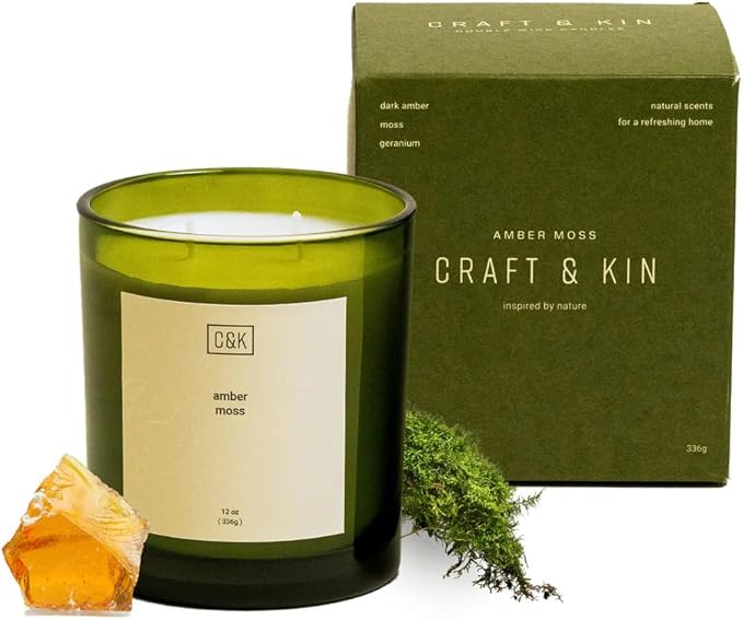 Craft & Kin 12oz Amber Moss Candle for Home | Premium Green Winter Scented Candles for Men | Made with Natural Soy | Holiday Candles Gifts for Men and Women | Nature Collection