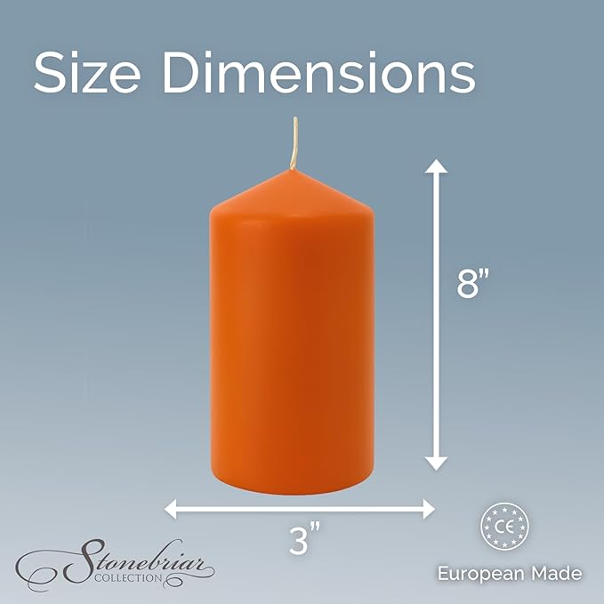 Stonebriar Unscented Pillar Candles – 80 Hour Burn Time, Long-Lasting Wax Candles for Weddings, Holidays, Home Décor & Special Events, Pack of 6, Orange, 3" x 8"