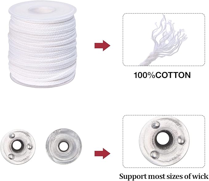 200 ft Braided Candle Wicks 100% Cotton 15 PLY for Candle Pillars in 1 1/4" Dia, for Paraffin Wax Soy Beeswax Candle Making, Sold Separately 200 PCS Candle Wick Sustainer Tabs Metal 14mm