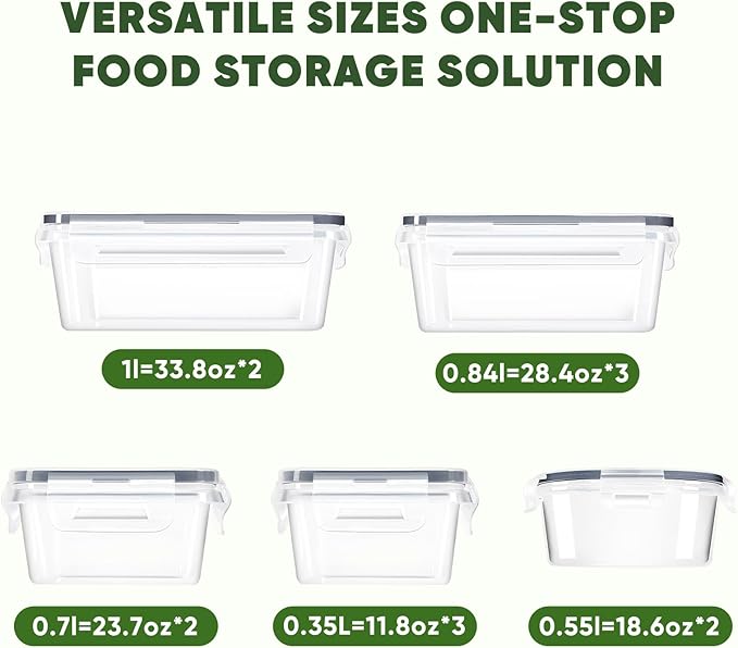 24-Piece PVC-Free BPA-Free Food-Grade Plastic Kitchen Set (12 Containers + 12 Lids), Leakproof Airtight Reusable Meal Prep & Food Storage Containers, Microwave and Dishwasher Safe