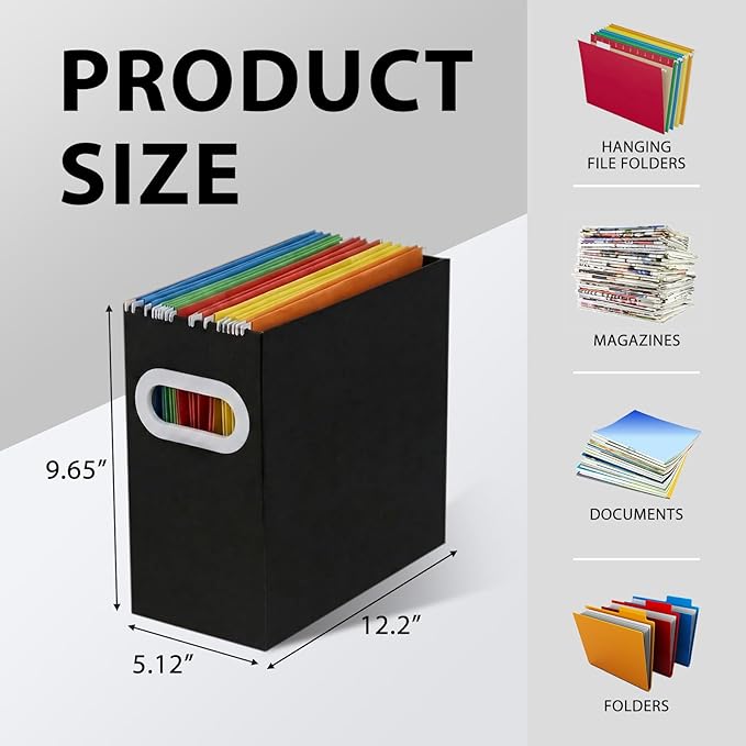 Hanging File Organizer Box, 3 Pack Black Cardboard File Folder Holder for Letter Size, Portable Desk Document Storage with Handles, for Office,Home,School