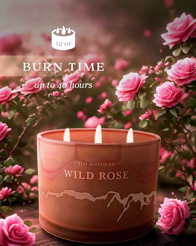 Wild Rose Scented Candles - 100% Natural Soy Wax - Large 3 Wick Jar Candle - Up to 50 Hours Burning Time - Candles for Home - Gift-Ready Candle for Men & Women - Aromatherapy