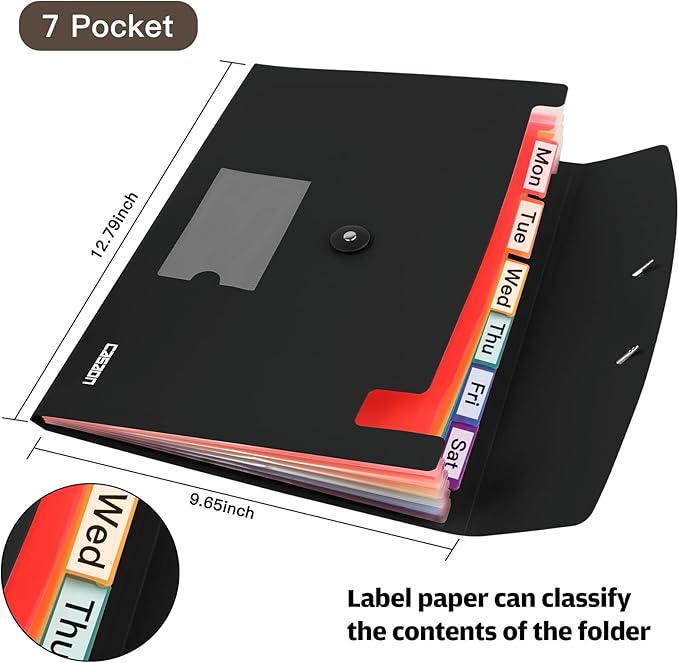 7 Pocket Accordian File Folders, Expanding File Folder A4 Letter Size Paper Portable Document Organizer-Black