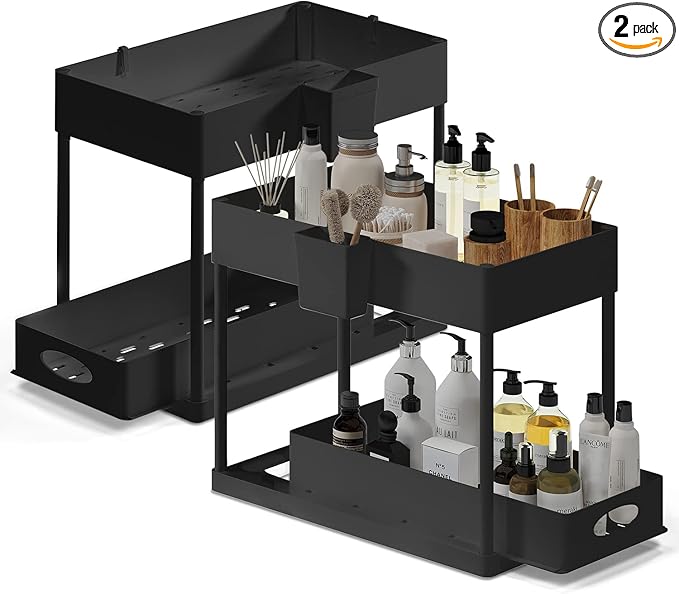 Under Sink Organizers and Storage, Bathroom Cabinet Organizer, Sink Shelf with Utility Hooks and Side Caddy for Under Cabinet Storage | Under Kitchen Sink Organizer with Sliding Drawer, Black (2-Pack)