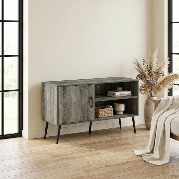 Furnifact Grey French Oak Mid Century Style TV Stand, Wood Legs, One Cabinet, Two Shelves, Elegant Wooden Finish, Durable, Contemporary Design