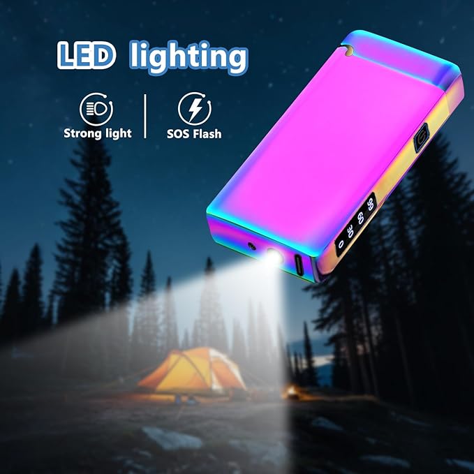 Electric Arc Lighter Rechargeable USB C Lighter Plasma Torch Windproof Big Lighters Unique Cool Lighters with Upgraded Secure Battery LED Flashlight for Camping, BBQ, Travelling (Ice Colorful)